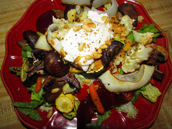 Italian Roasted Vegetable Salad with Poached Egg & Parmesan Pine Nuts