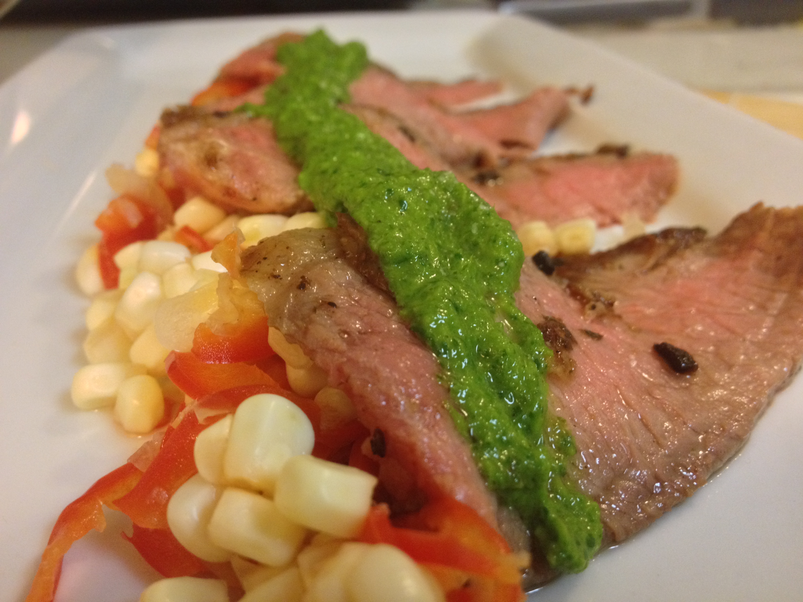 Olive Oil Marinated Skirt Steak with Pickled Pepper Corn and Salsa Verde